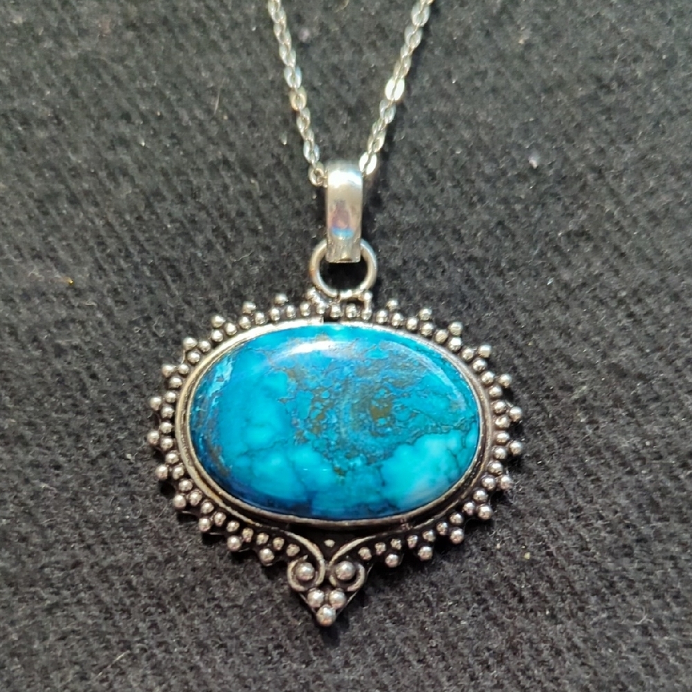 Silver Plated Blue Chocolate Turquoise Gemstone Oval Pendant Statement Necklace